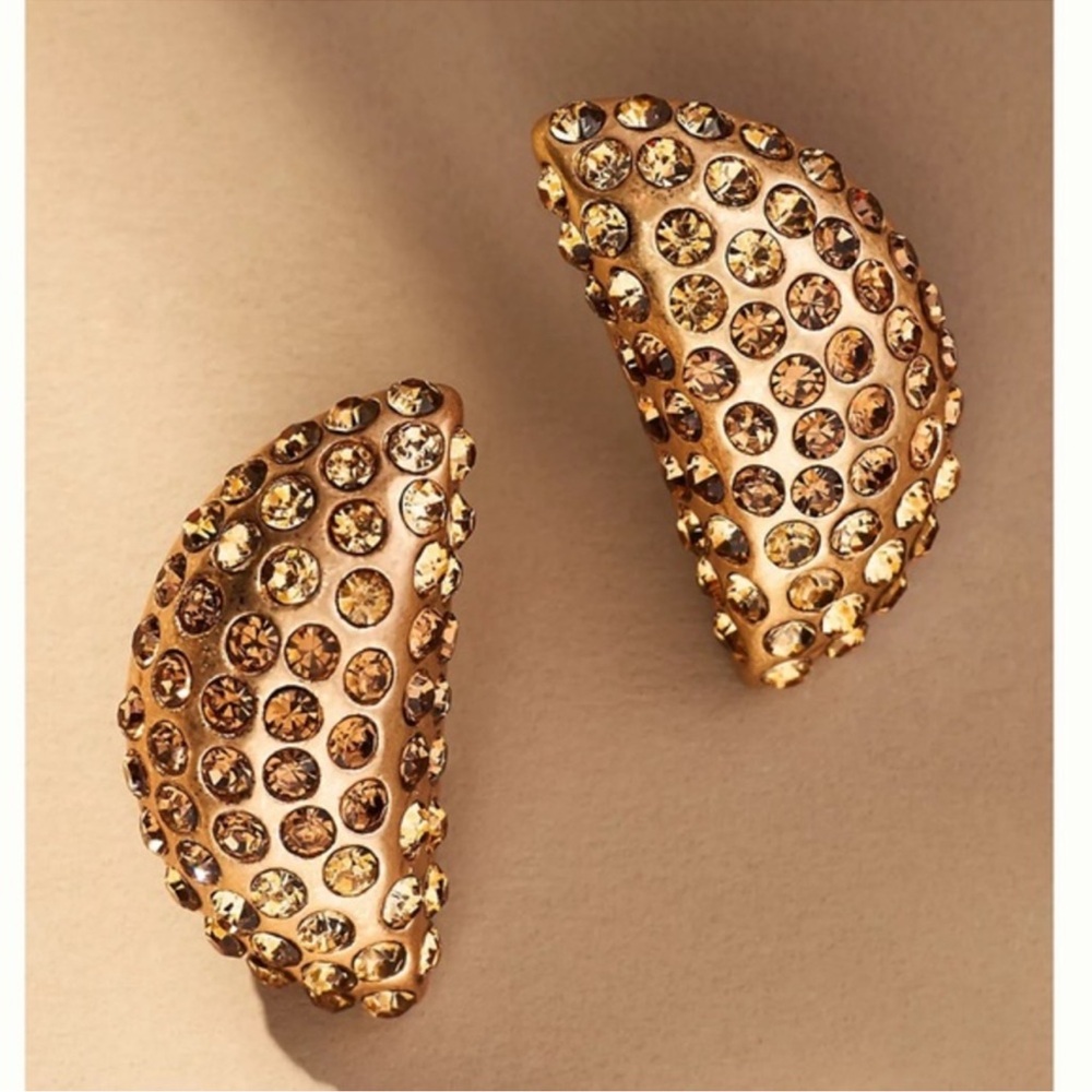 NWT Anthropologie Crystal Half Moon Post Earrings Gold - Picture 2 of 5